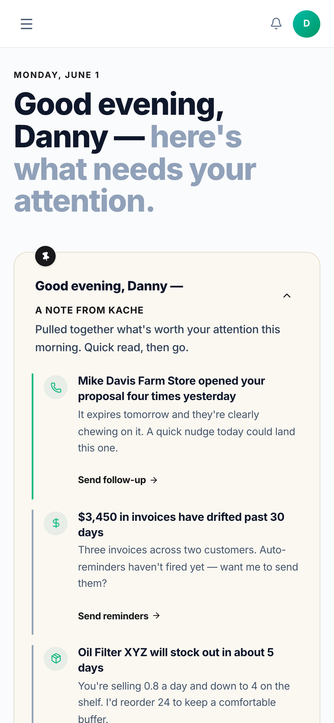 Kache app dashboard on a phone