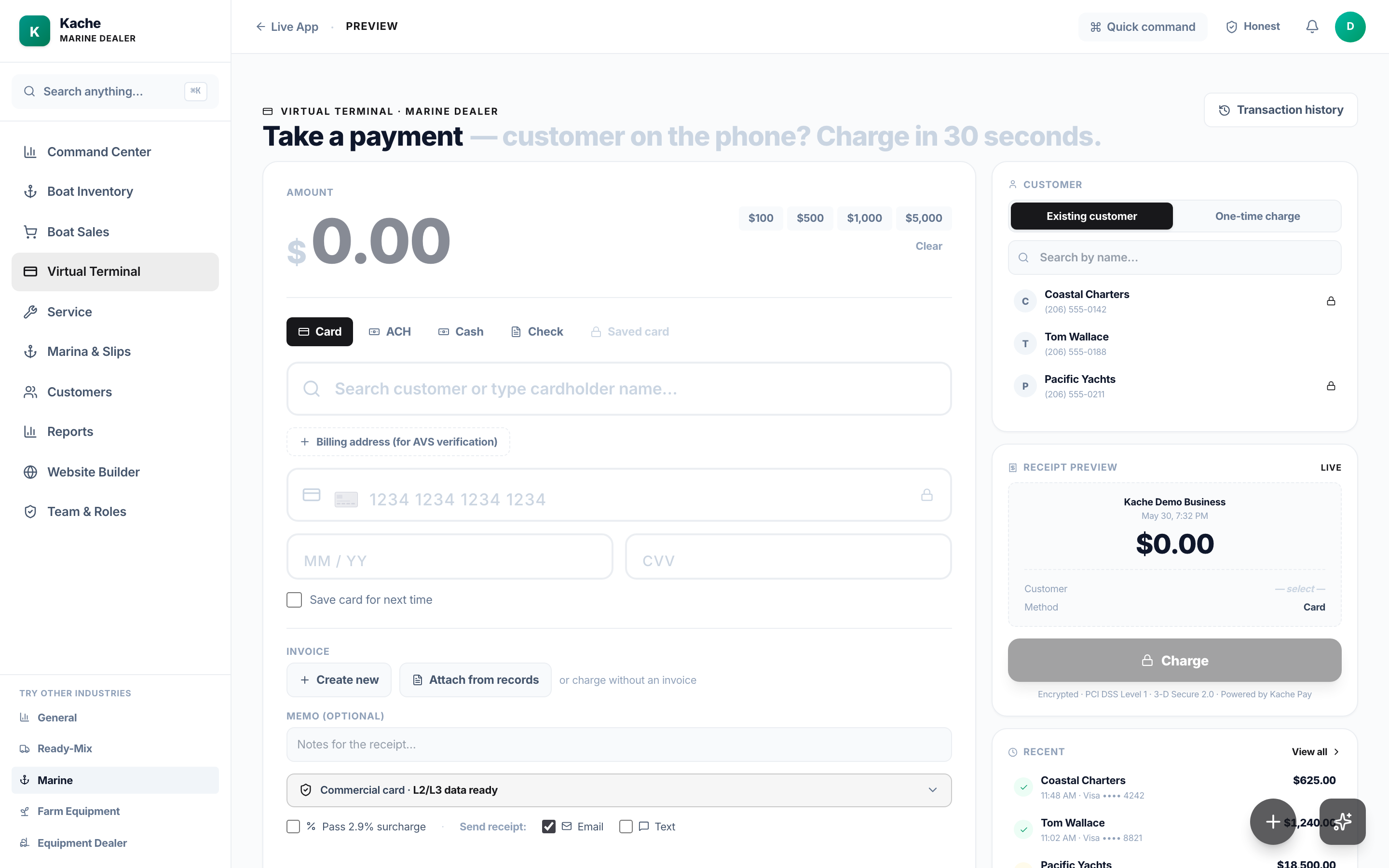 Kache virtual terminal for marine dealers — take a card payment in seconds