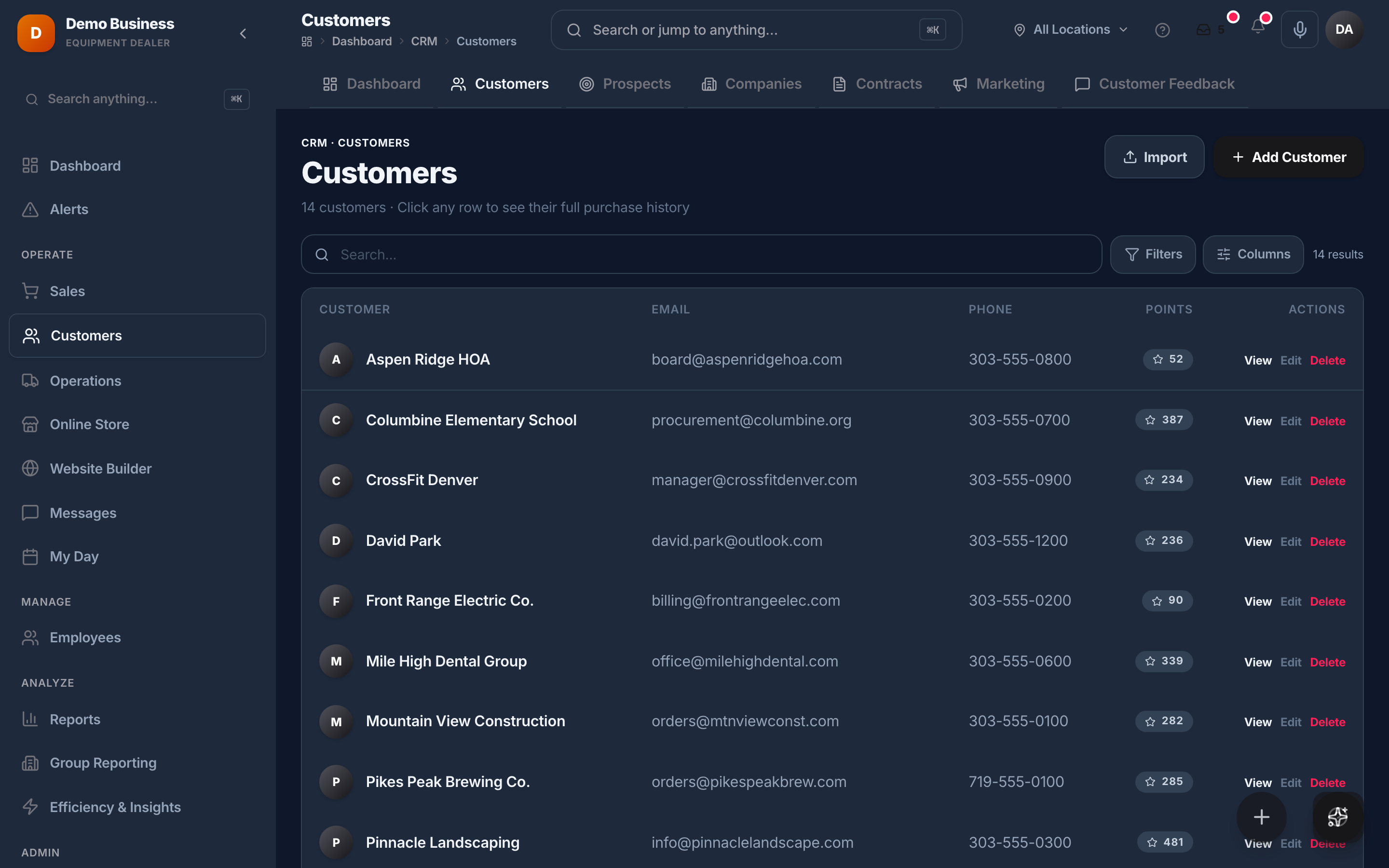 Kache Register customer list in dark mode