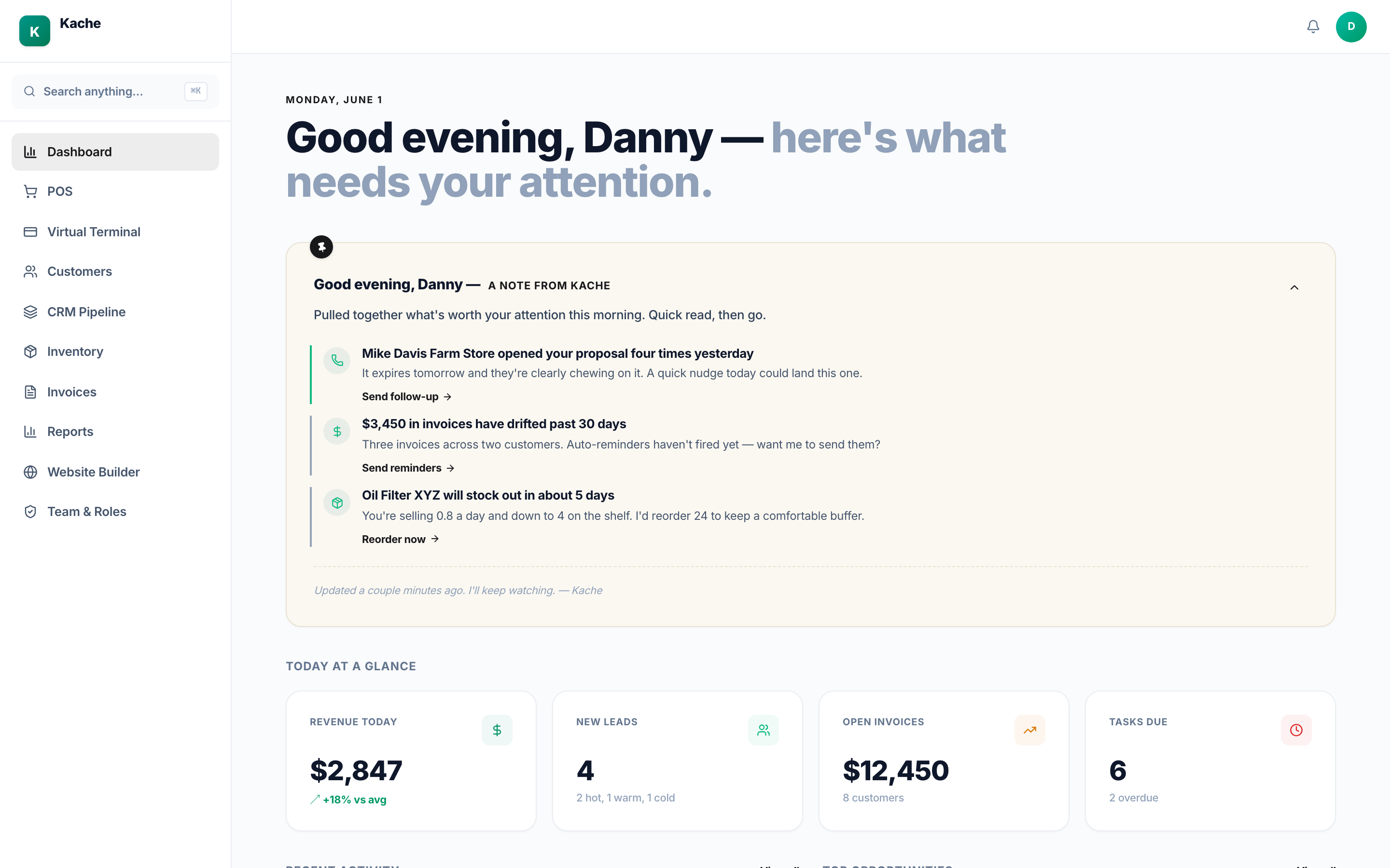 Kache reporting dashboard for a nursery — sales, inventory, and care tasks at a glance