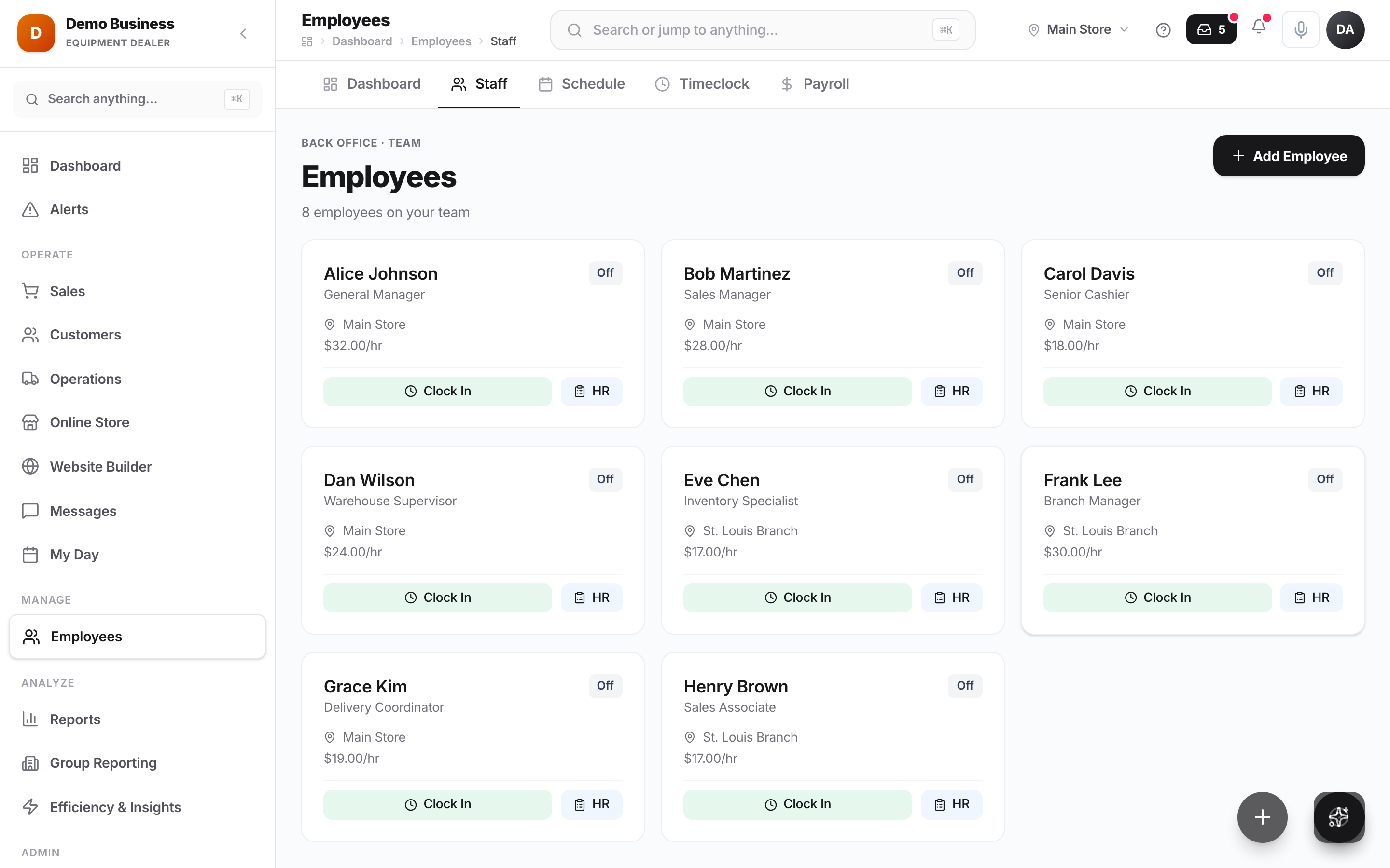 Kache Register employee roster with roles and pay rates