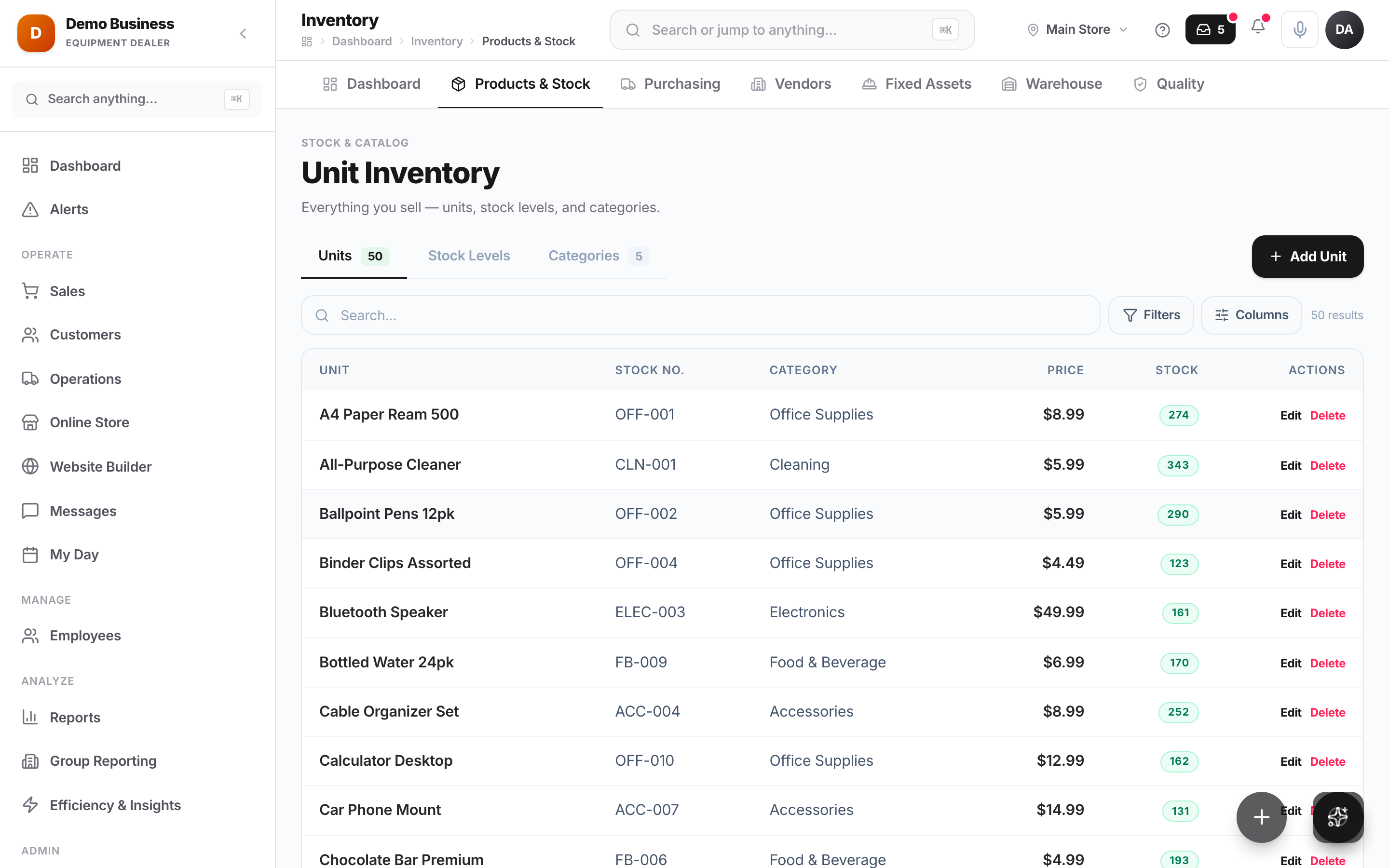 Kache Register inventory with stock levels and categories