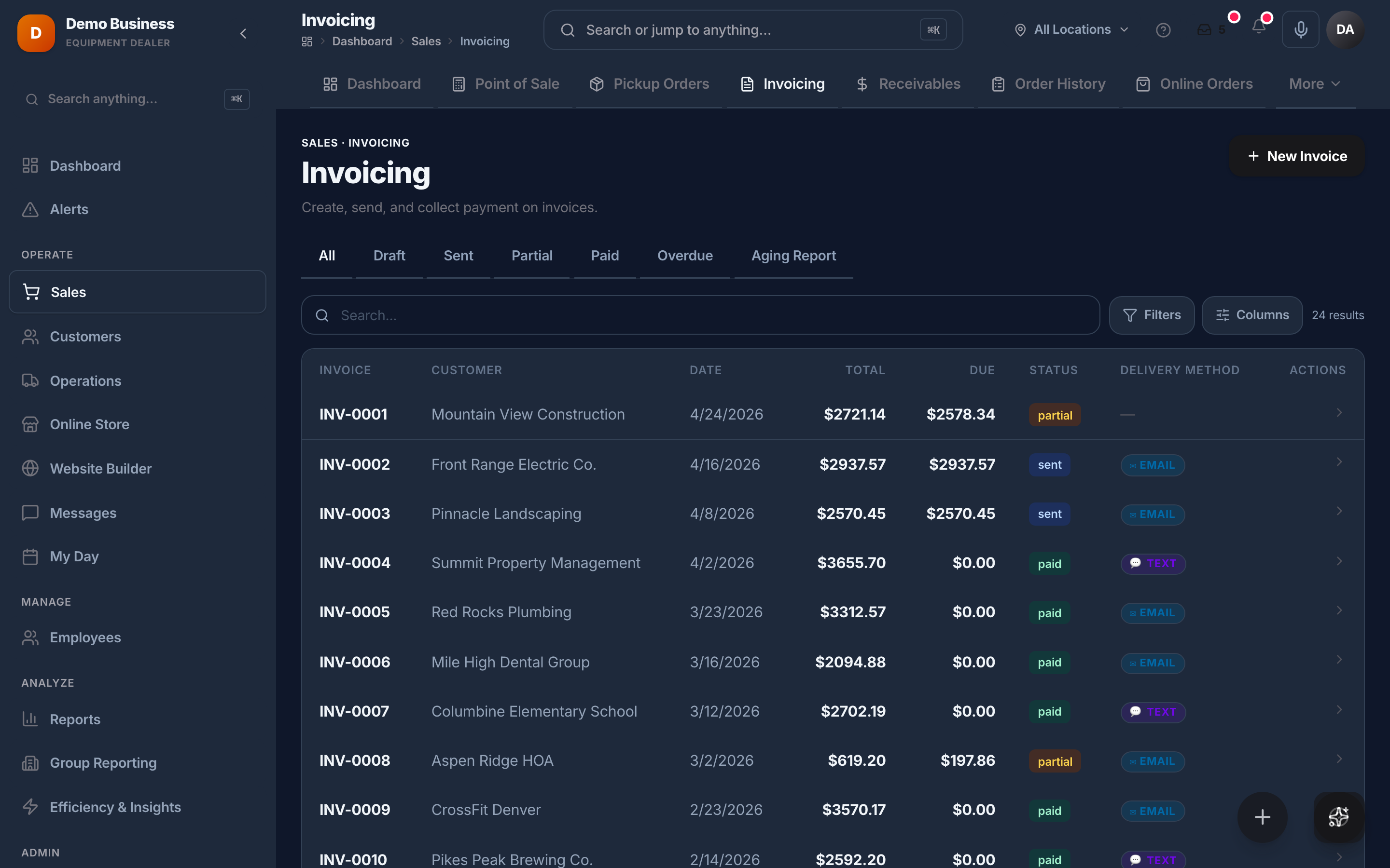 Kache Register invoicing in dark mode