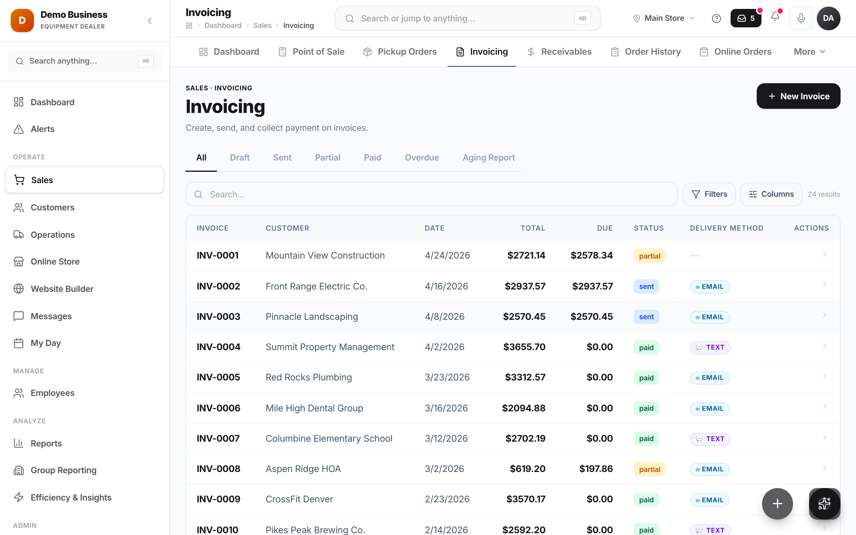 Kache Register invoicing screen with sent, paid, and overdue invoices