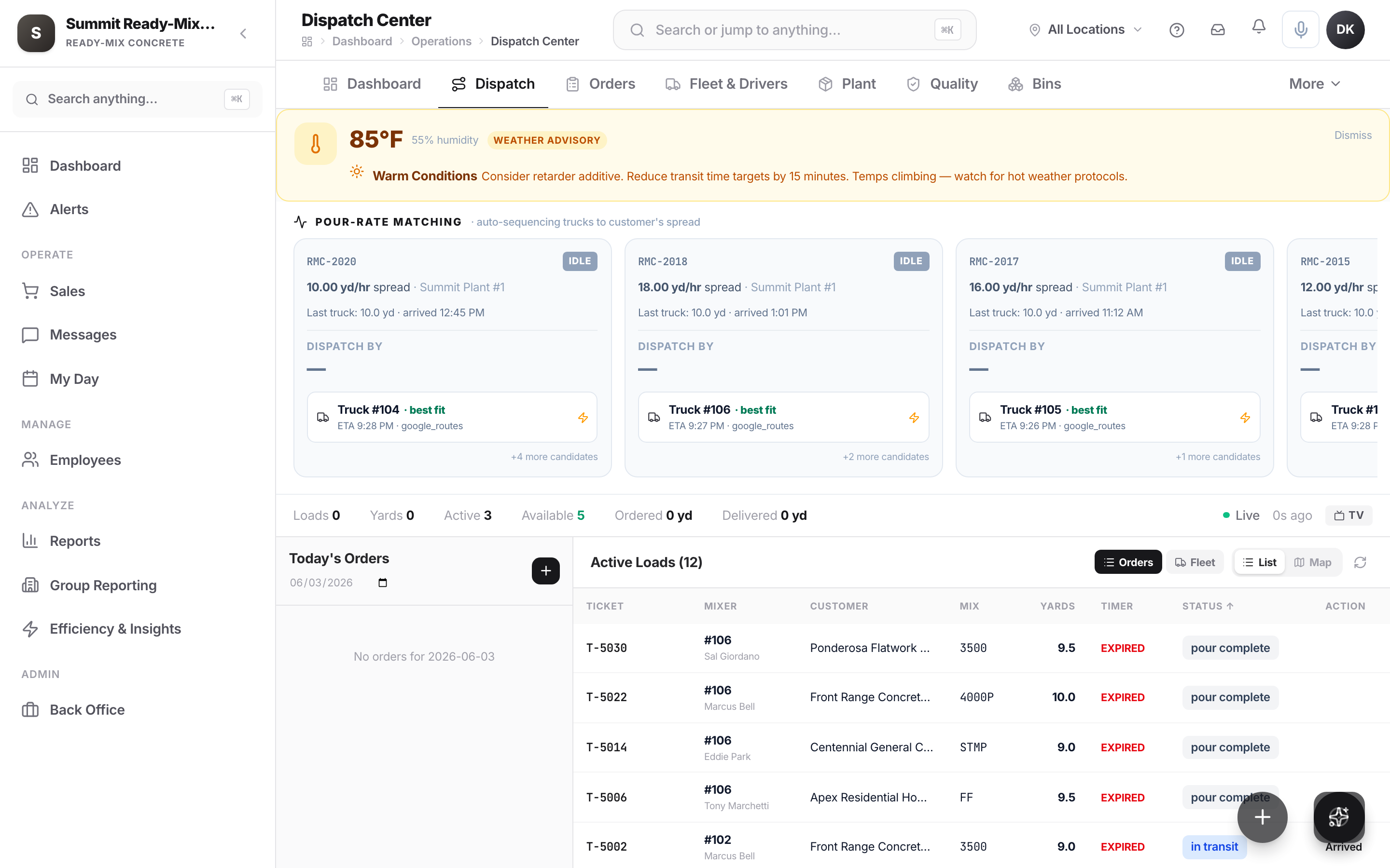 Kache live dispatch board for ready-mix — every truck, load, and ETA in real time